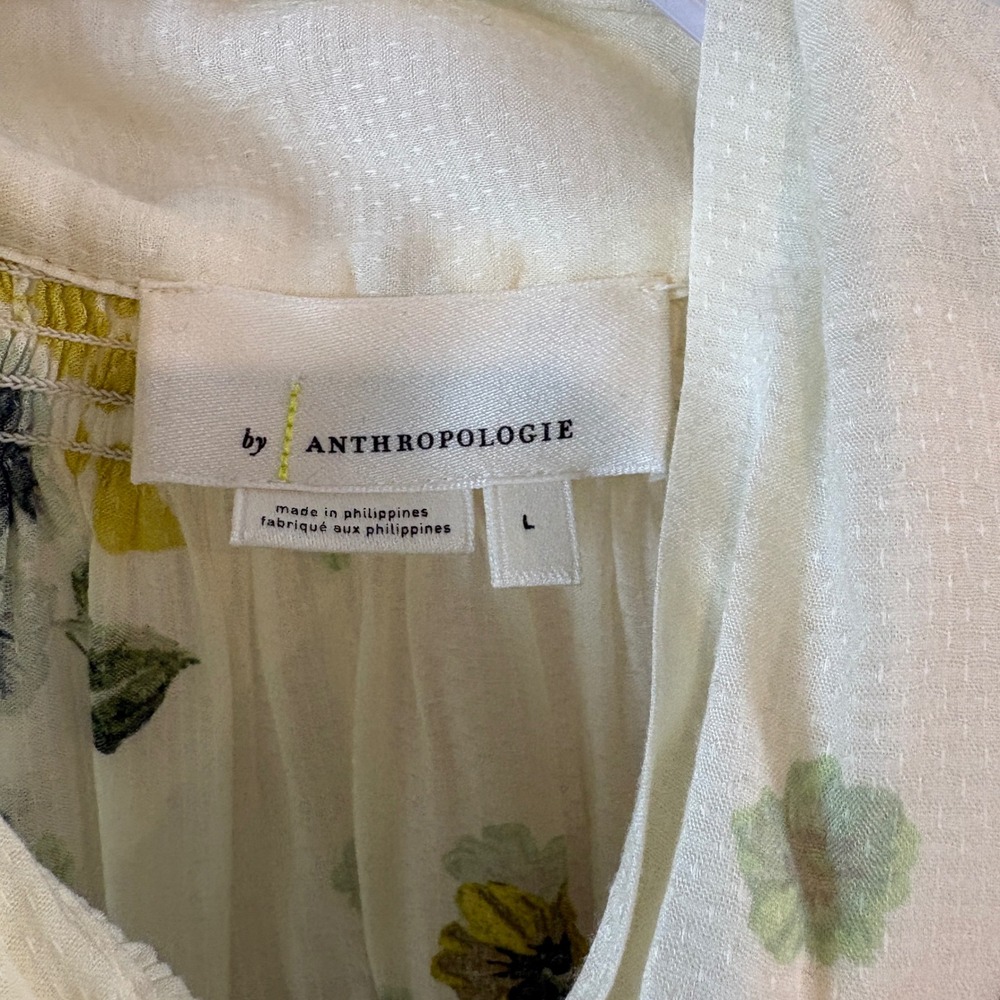 Anthropologie Blouse Womens L Yellow Tie Neck Floral Smocked Cuffs Boho Whimsy - Picture 2 of 8